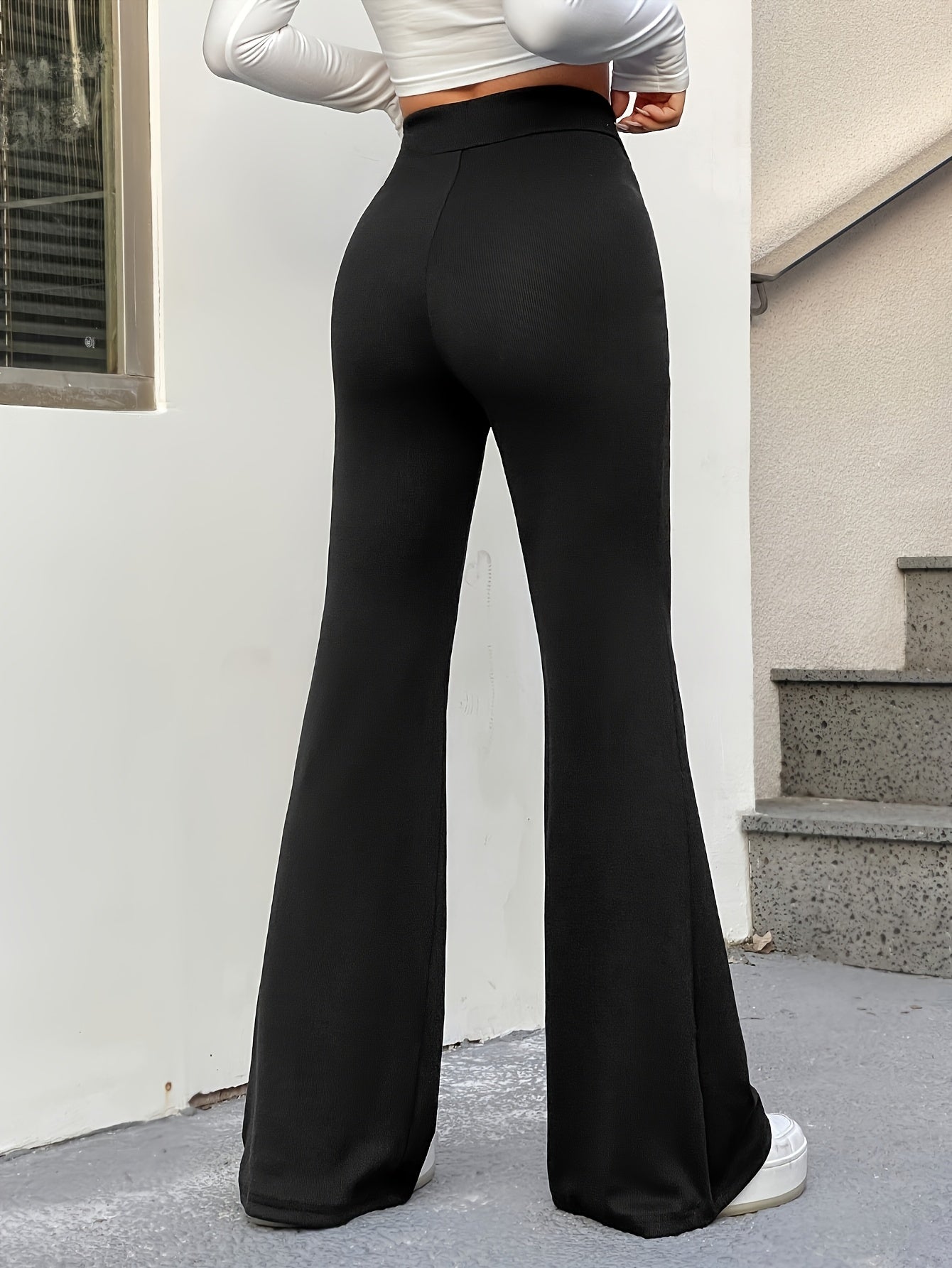 Solid Flare Leg Pants, Casual Slim Cross Waist Pants For All Season, Women's Clothing - veyora