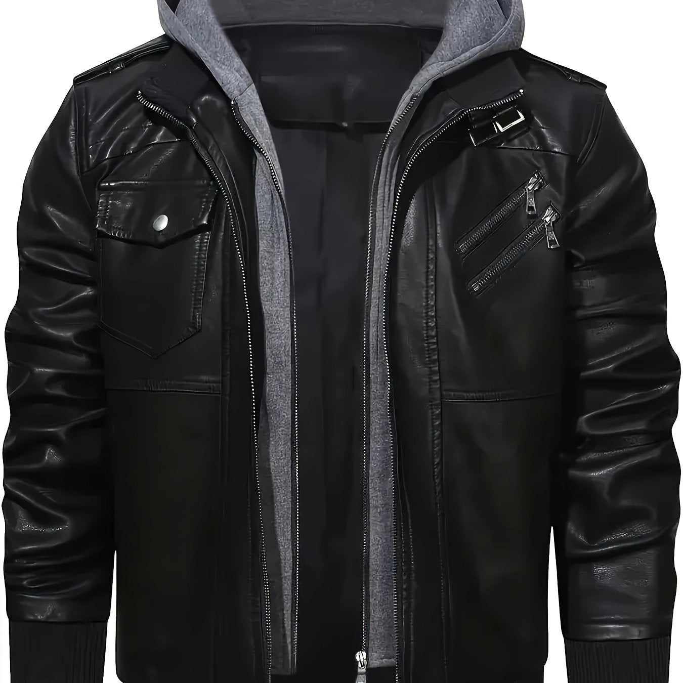 Men'S Black Hooded Jacket - Casual Style, Full - Zip Design with Pockets, Long Sleeves, Polyester Lining, Perfect for Outdoor Activities - veyora
