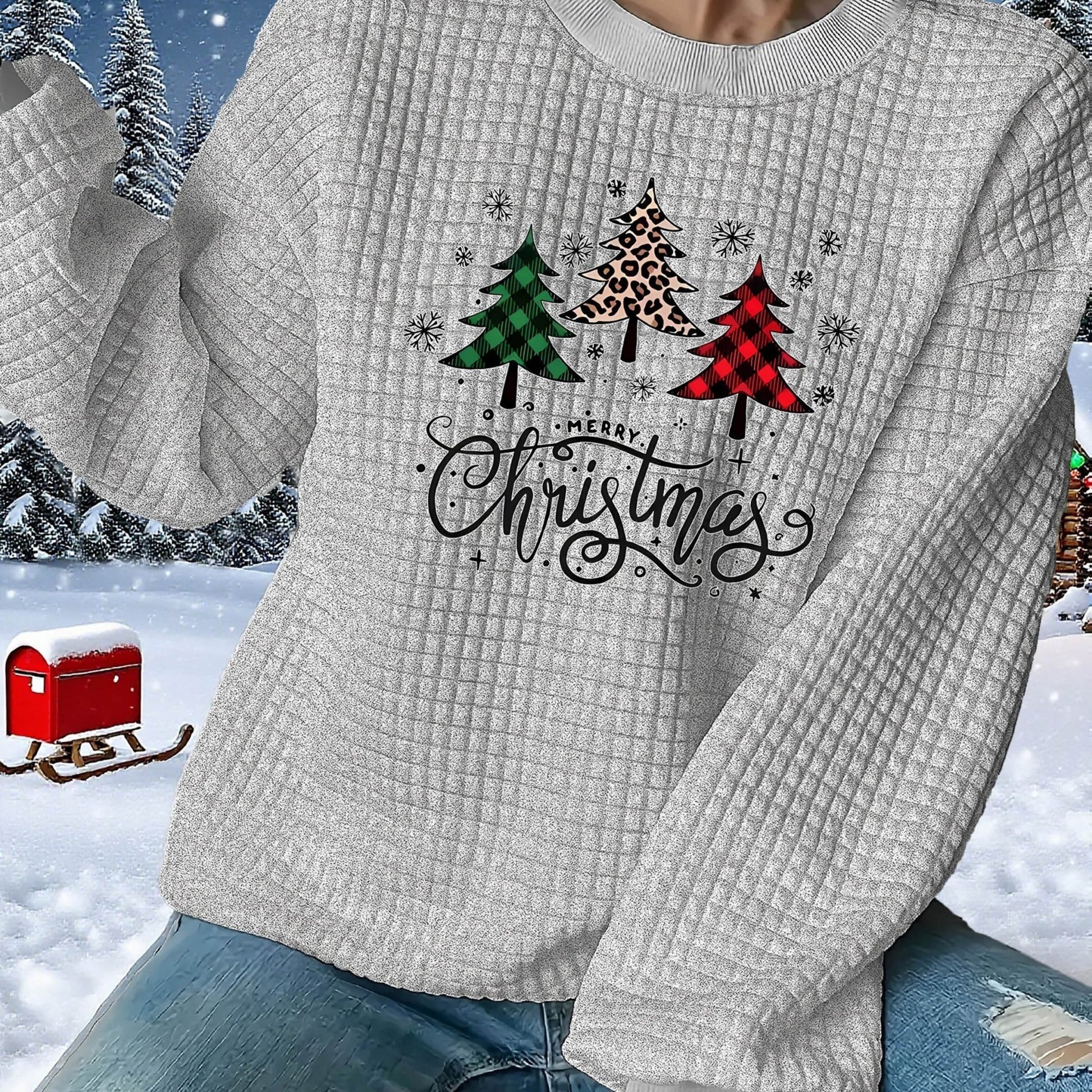 New Christmas Tree Printed Quilted Jacquard Round Neck Sweatshirt - veyora