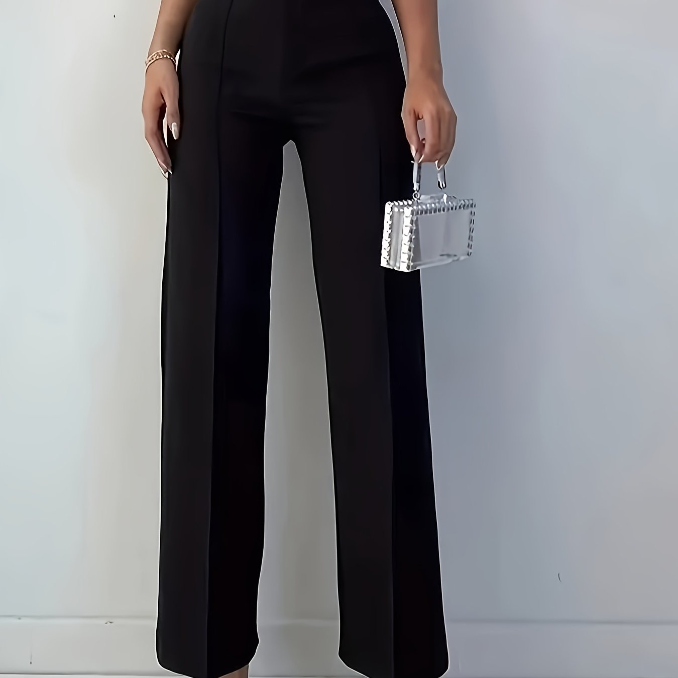 Women's Elegant Black Straight - Leg Trousers - Zipper and Button Design, Openable, Business Casual Suit Pants, Pairs with High Heels, for Daily Commuting and Work, Machine Washable, Soft and Comfortable Fabric, Belt Included - veyora