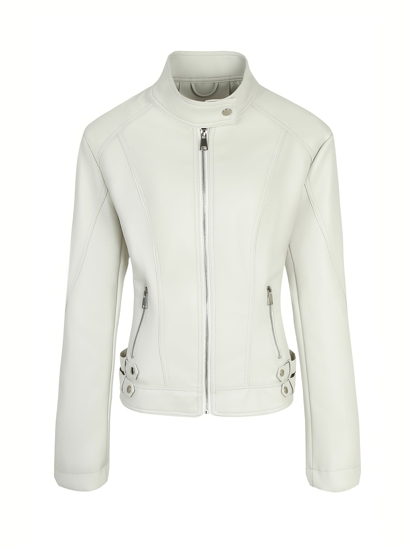 Women'S Zip - Up Faux Leather Motorcycle Jacket, Faux Leather Stand Collar Top, Stylish Fitted Coat, New Women'S Fashion - veyora