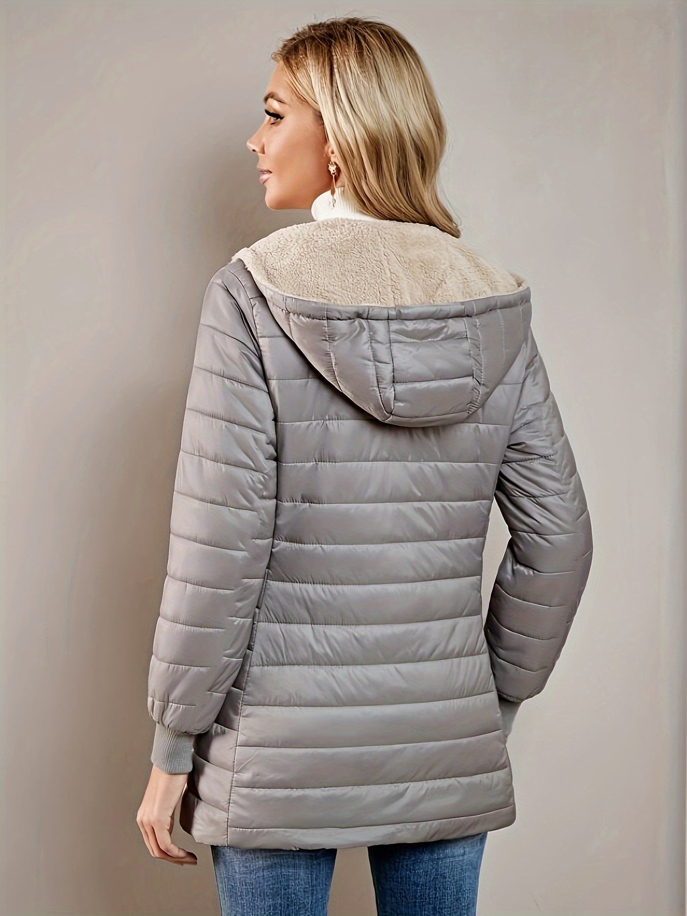 Long Sleeve Fleece Lined Zip Up Coat, Casual Fabric-padded Women's Clothing