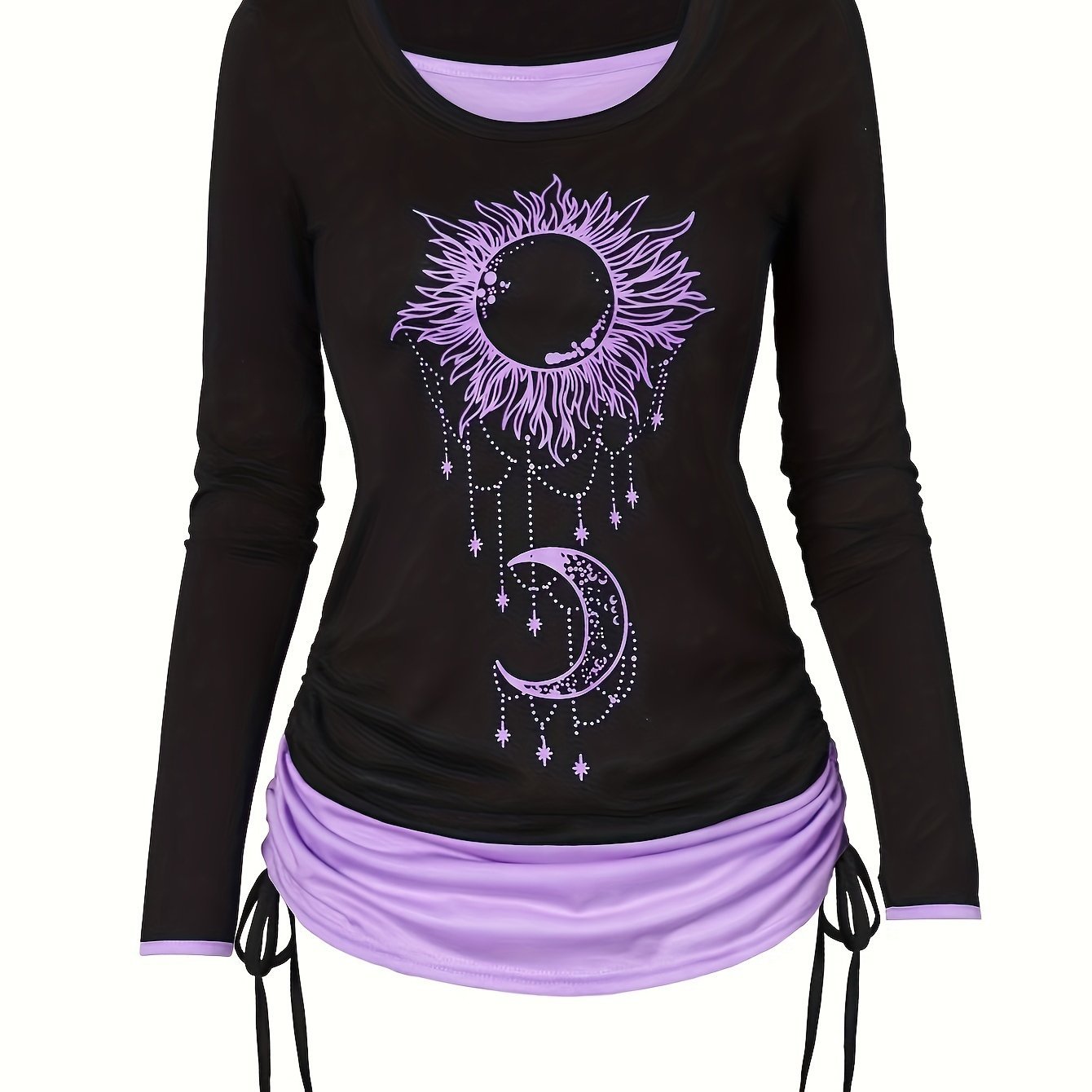 2 In 1 Moon & Sun Print Side Tie T-Shirt, Casual Colorblock Ruched Long Sleeve T-Shirt, Women's Clothing - veyora