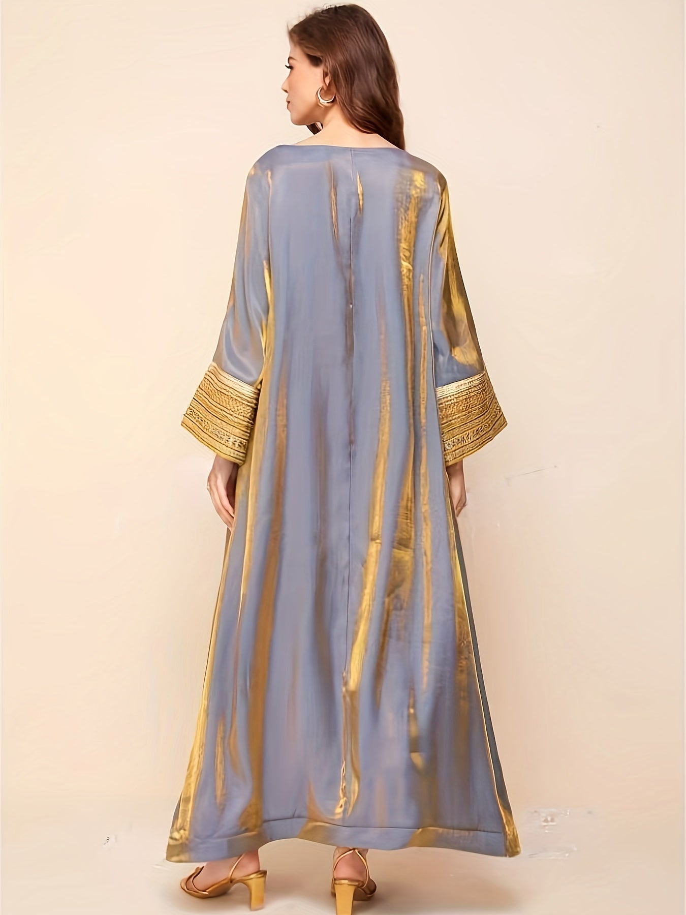Luxurious Long Sleeve Maxi Kaftan Dress - Elegant Crew Neck, Contrast Sequin Details, Polyester Fabric, Solid Color, Woven, No Elasticity, Middle East Style, Perfect for All Seasons