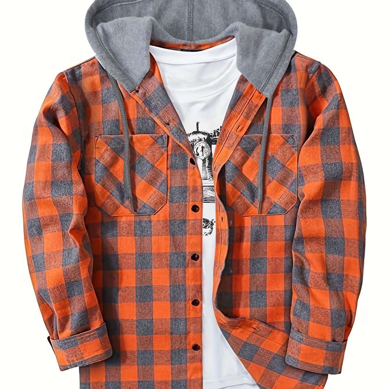 Men's Plaid Hooded Shirt Coat, Long Sleeve, Button Up, Casual Fit - veyora
