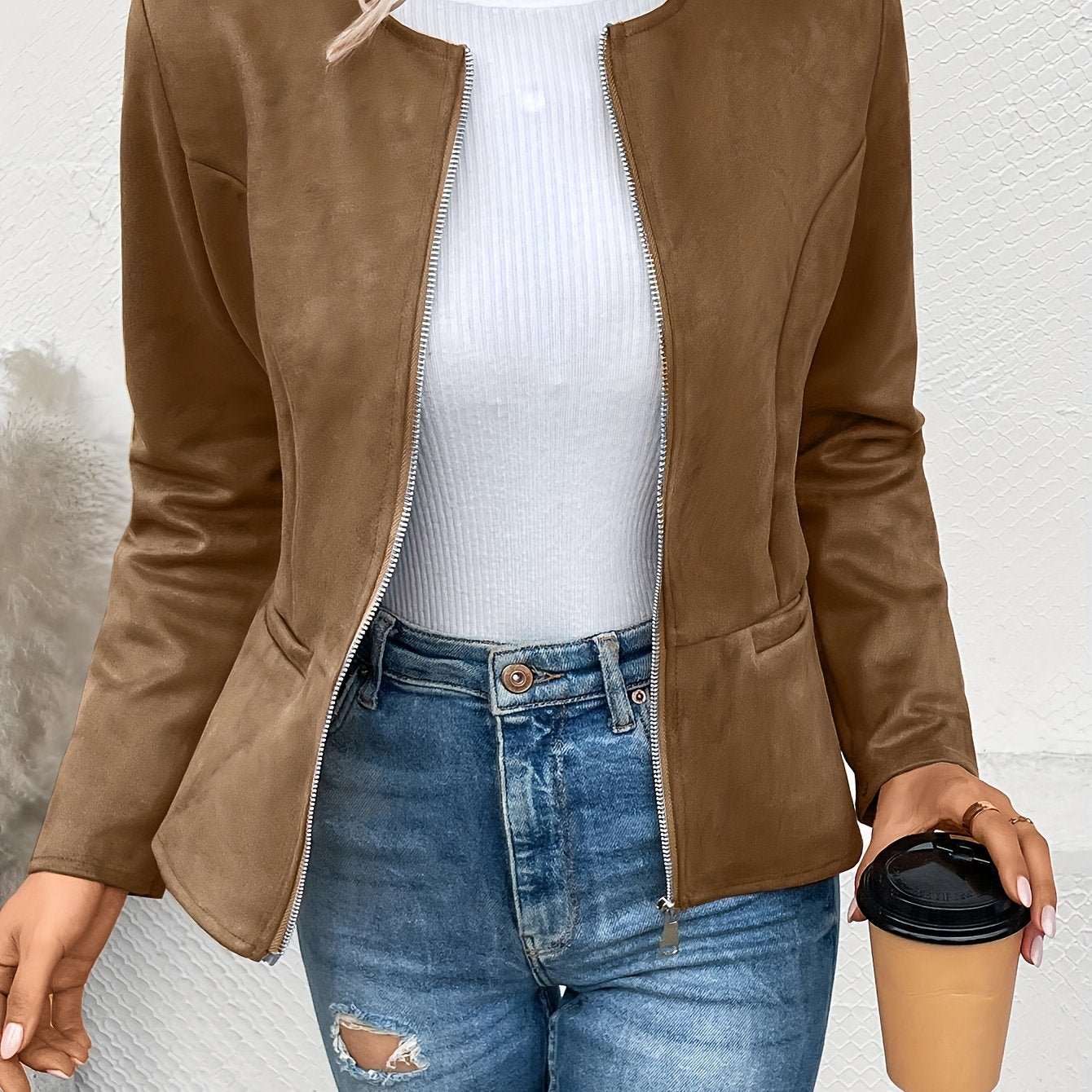 Ladies Fashion Round Neck Slim Top Long Sleeve Access Control Zipper Cardigan Cropped Jacket - veyora