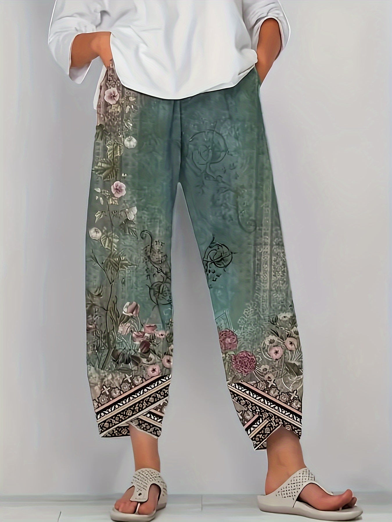 Chic Vintage Floral Capri Pants - Casual and Comfortable with an Elastic Waist and Pockets - veyora