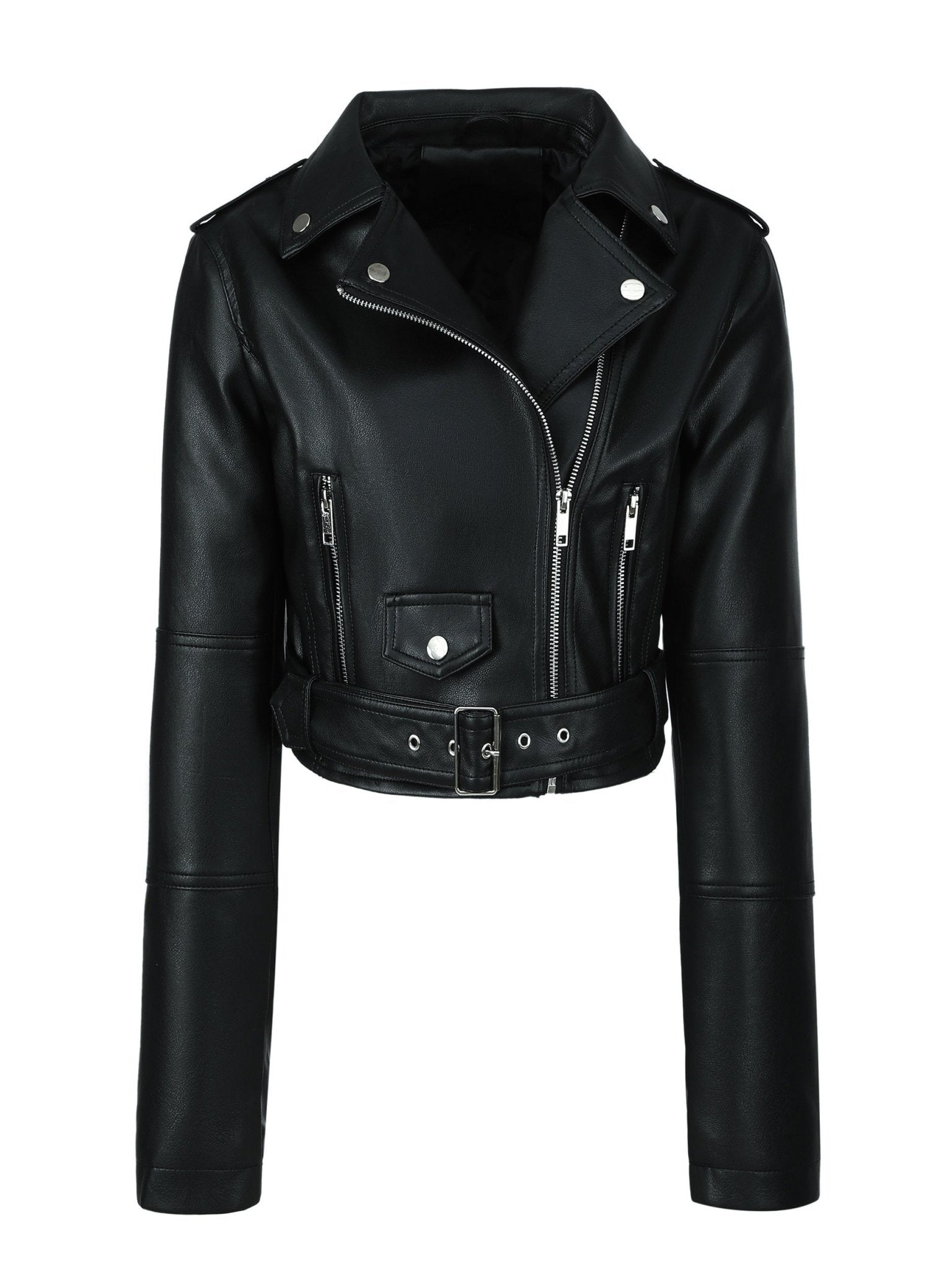 Solid Zipper Front PU Leather Crop Jacket, Casual Long Sleeve Lightweight Jacket for Fall & Spring, Women's Clothing - veyora