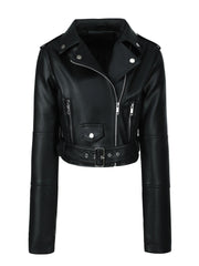 Solid Zipper Front PU Leather Crop Jacket, Casual Long Sleeve Lightweight Jacket for Fall & Spring, Women's Clothing - veyora