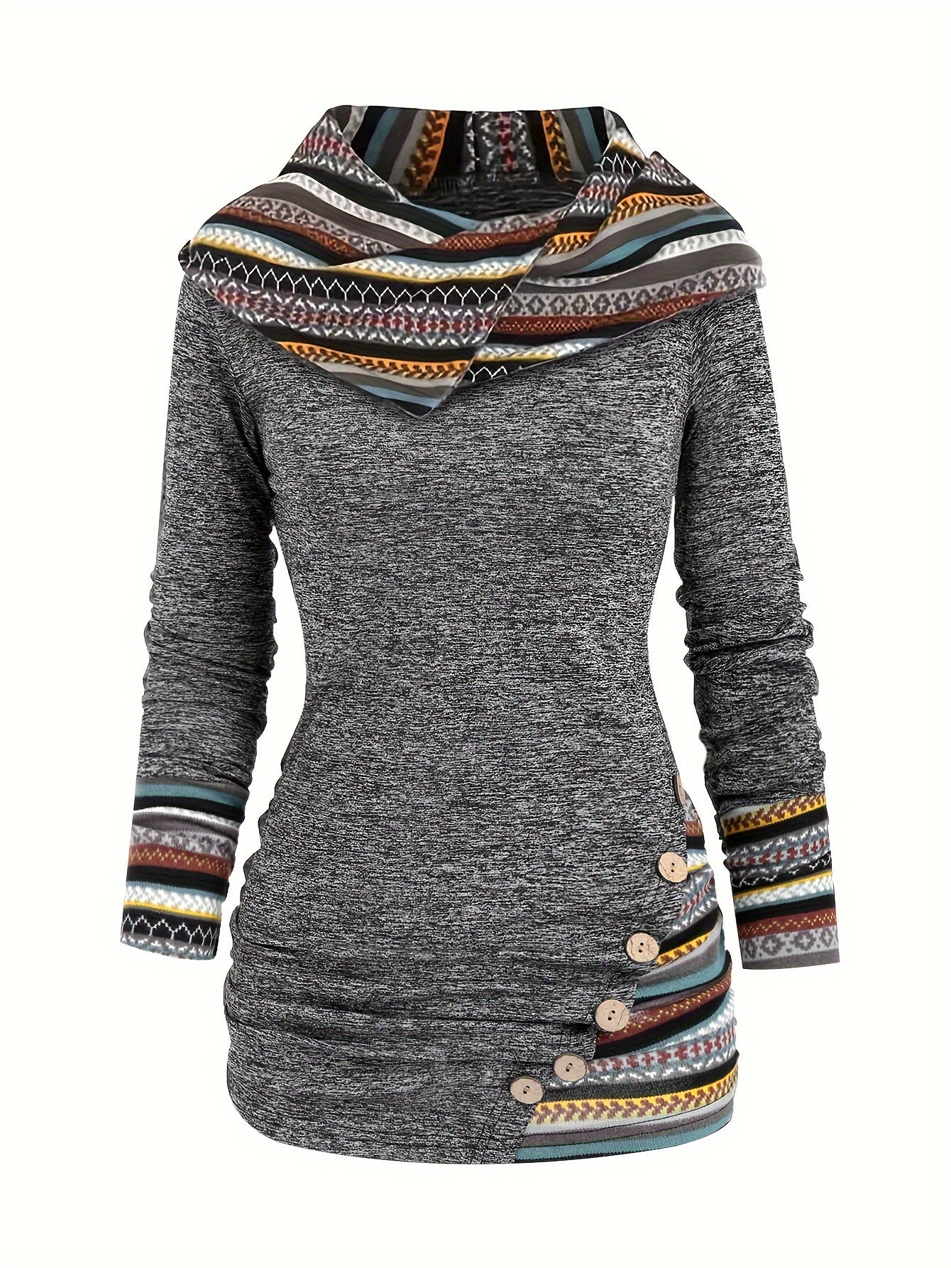 Women's Y2K Retro Geometric Striped Hooded Top - Ethnic Pattern Long Sleeve Faux Button Front, High Elasticity Machine - Washable Fall Winter Elegant Casual Chic Long Length Blouse, Elegant Long Sleeve Button Blouses, Highelasticity Knitwear - veyora