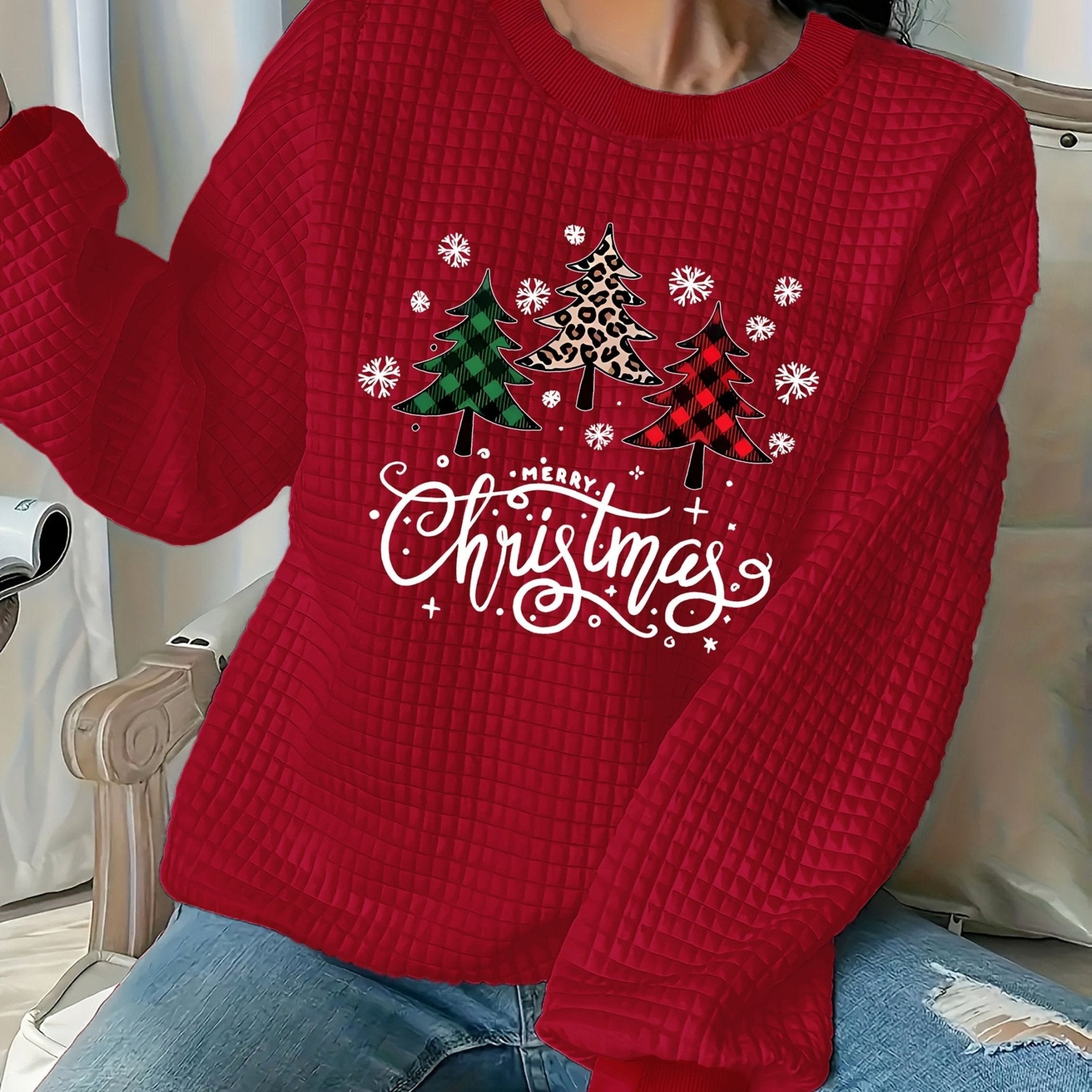 New Christmas Tree Printed Quilted Jacquard Round Neck Sweatshirt - veyora