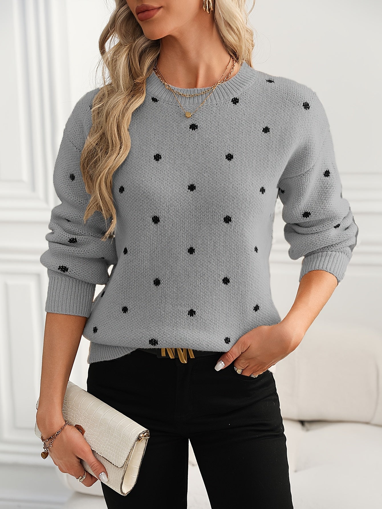 Polka Dot Pattern Knit Sweater, Casual Long Sleeve Crew Neck Sweater, Women's Clothing