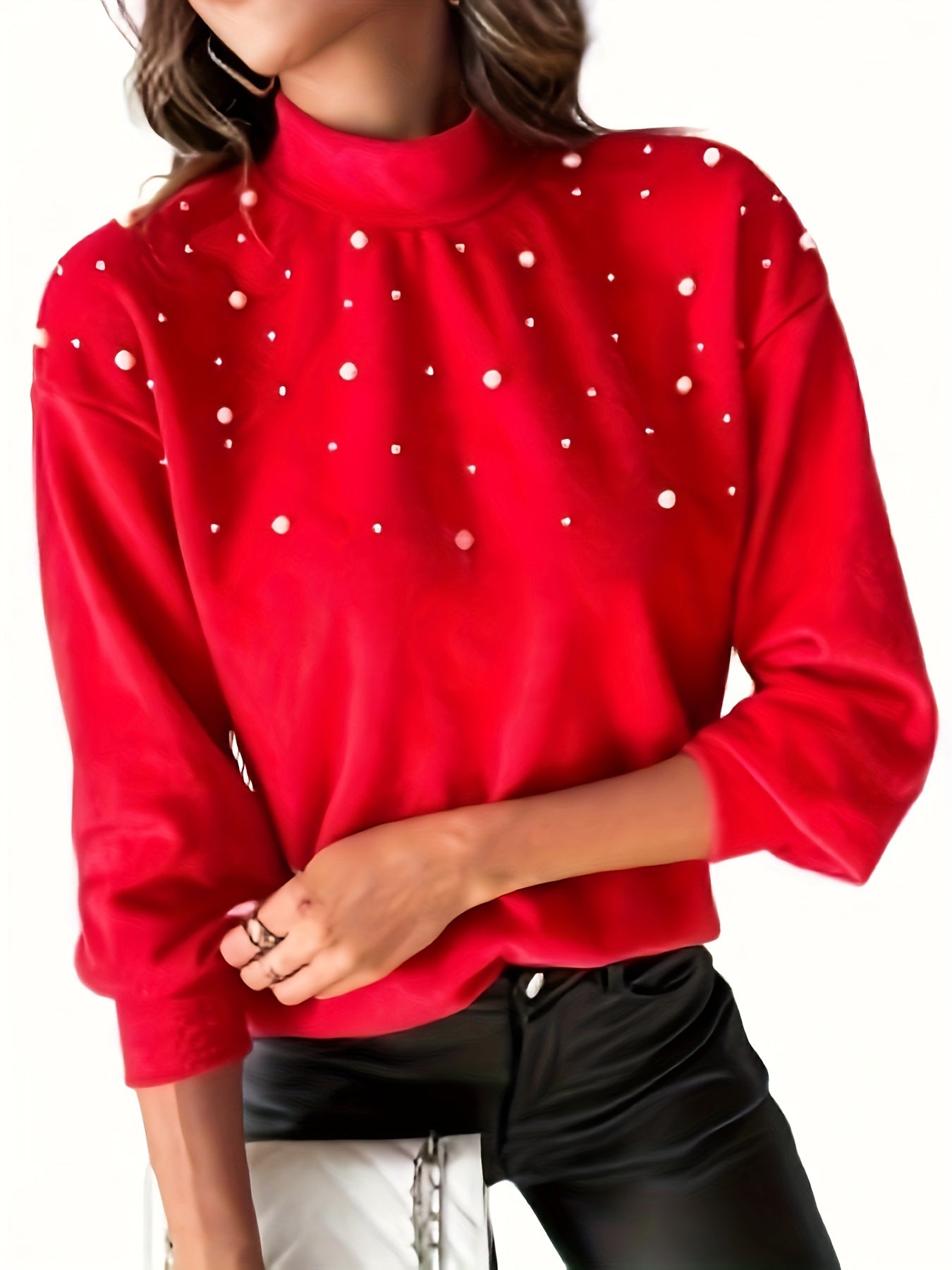 High - Neck Fashion Pearl Beaded Pullover, Long Sleeve Casual Women's Sweater - veyora