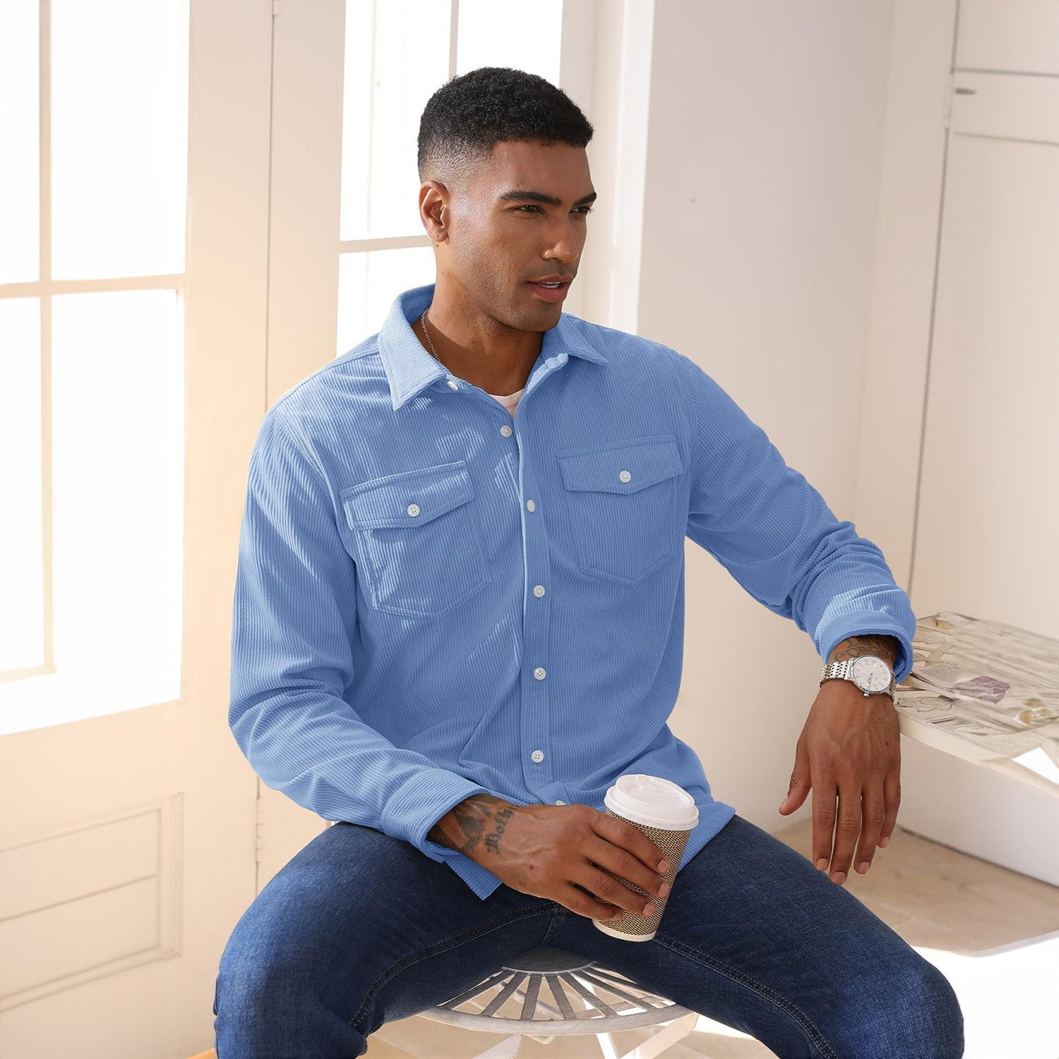 Men's Long Sleeve Corduroy Sun Protection Shirt