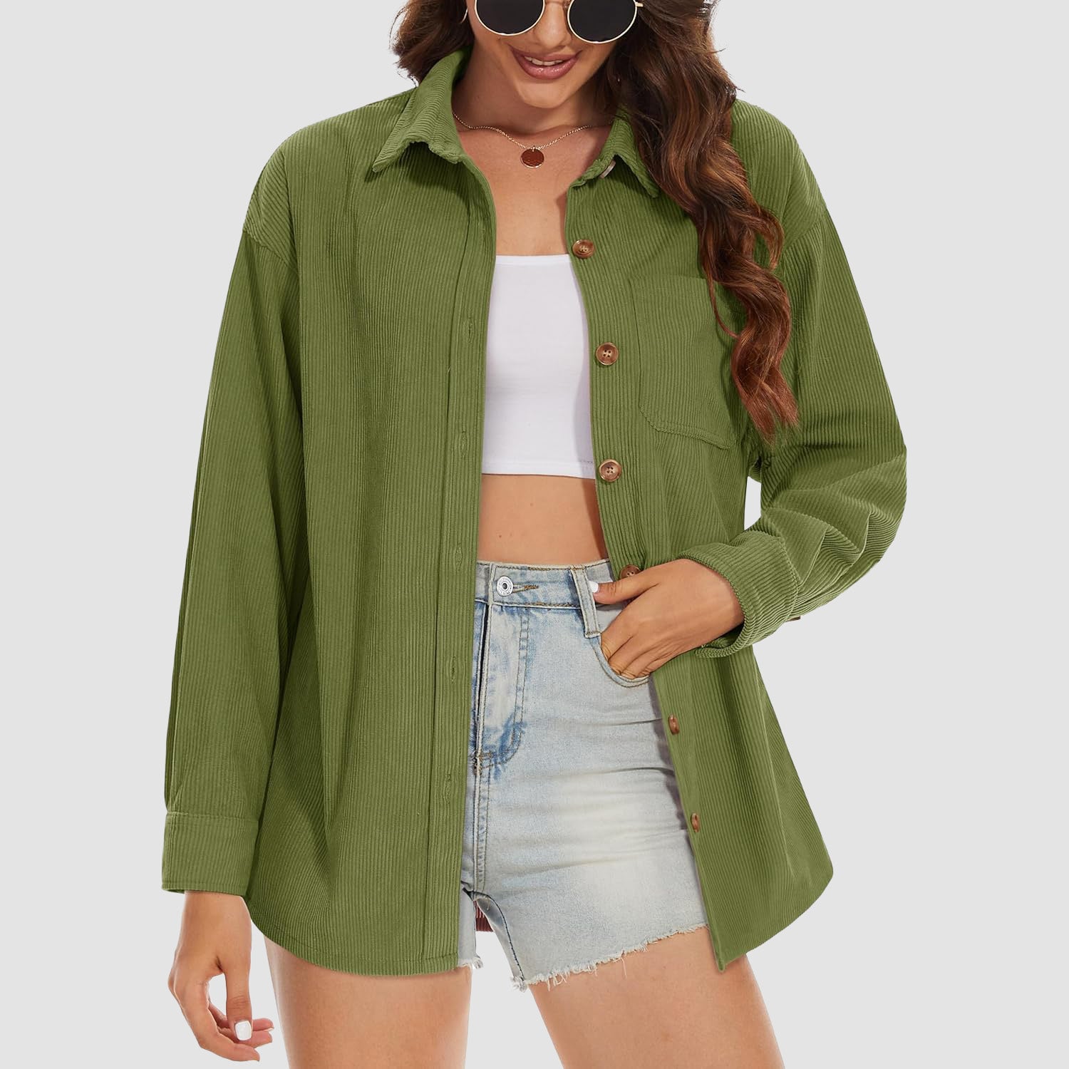 Women's Long Sleeve Corduroy Shirt with Pocket
