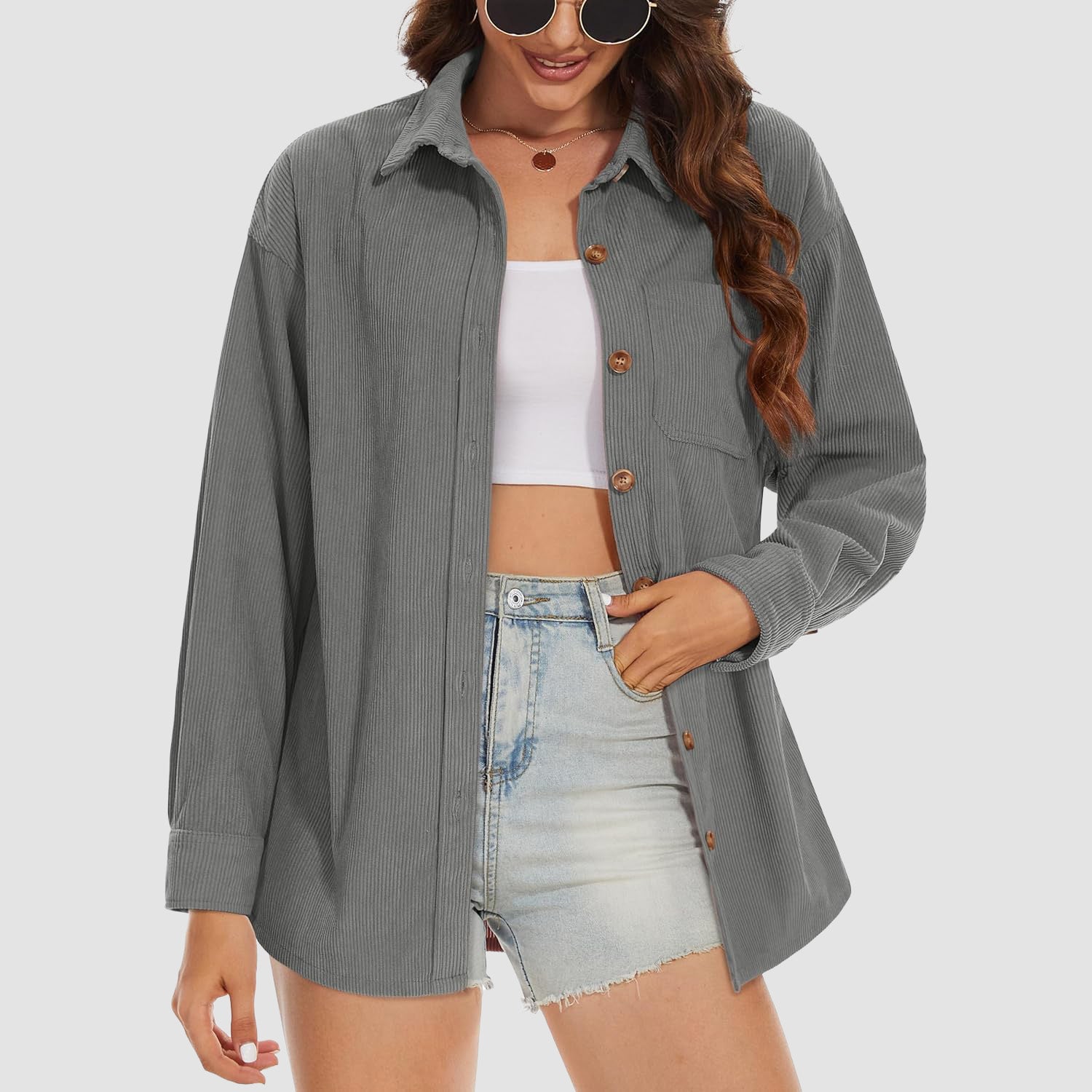 Women's Long Sleeve Corduroy Shirt with Pocket