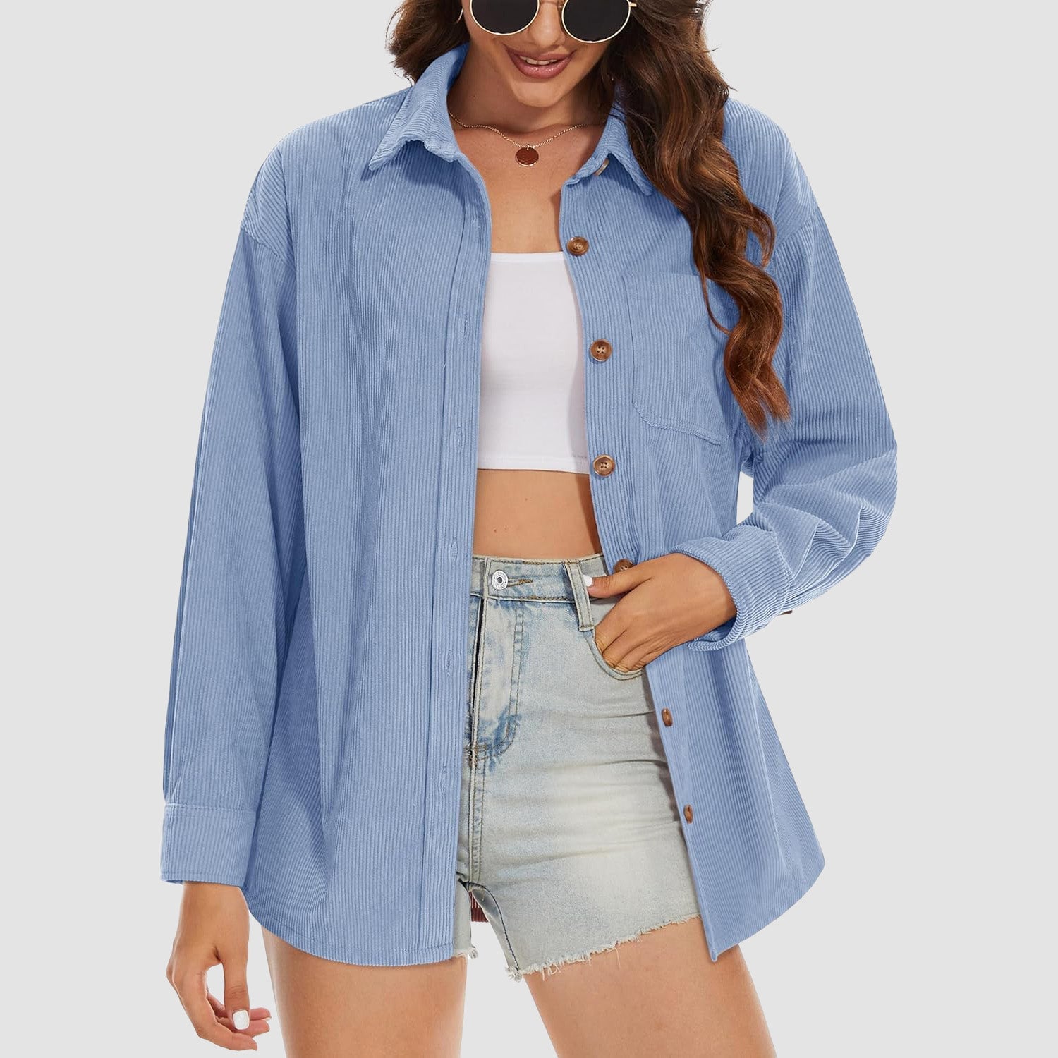 Women's Long Sleeve Corduroy Shirt with Pocket
