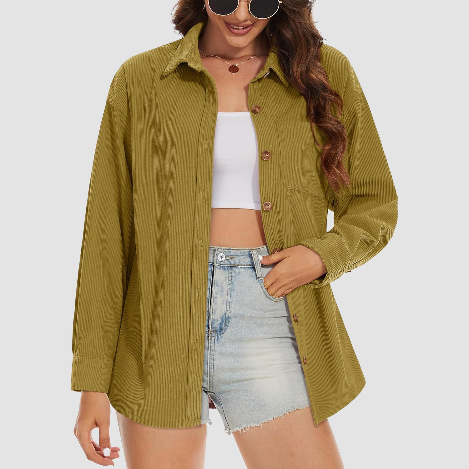 Women's Long Sleeve Corduroy Shirt with Pocket