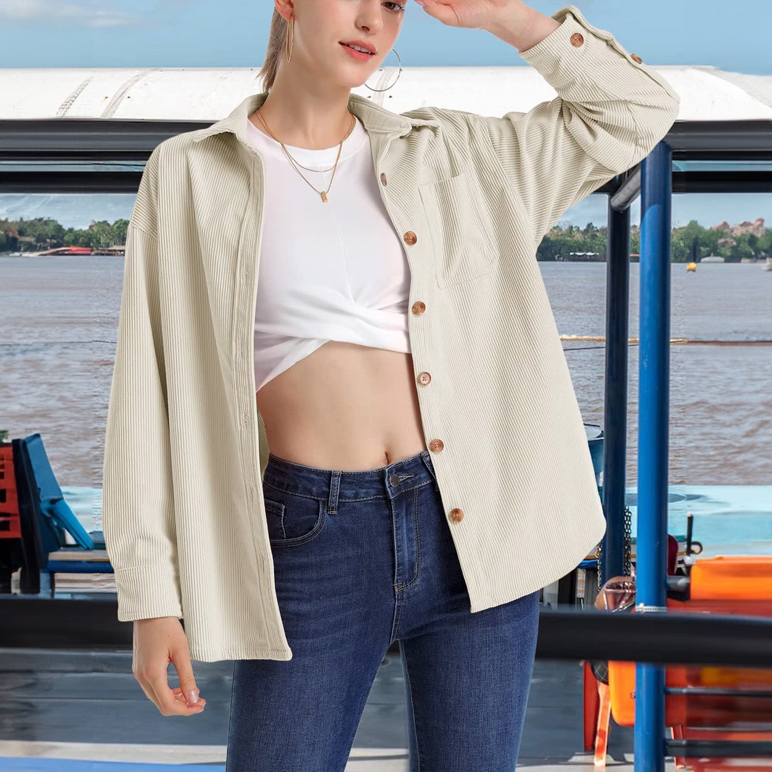 Women's Long Sleeve Corduroy Shirt with Pocket