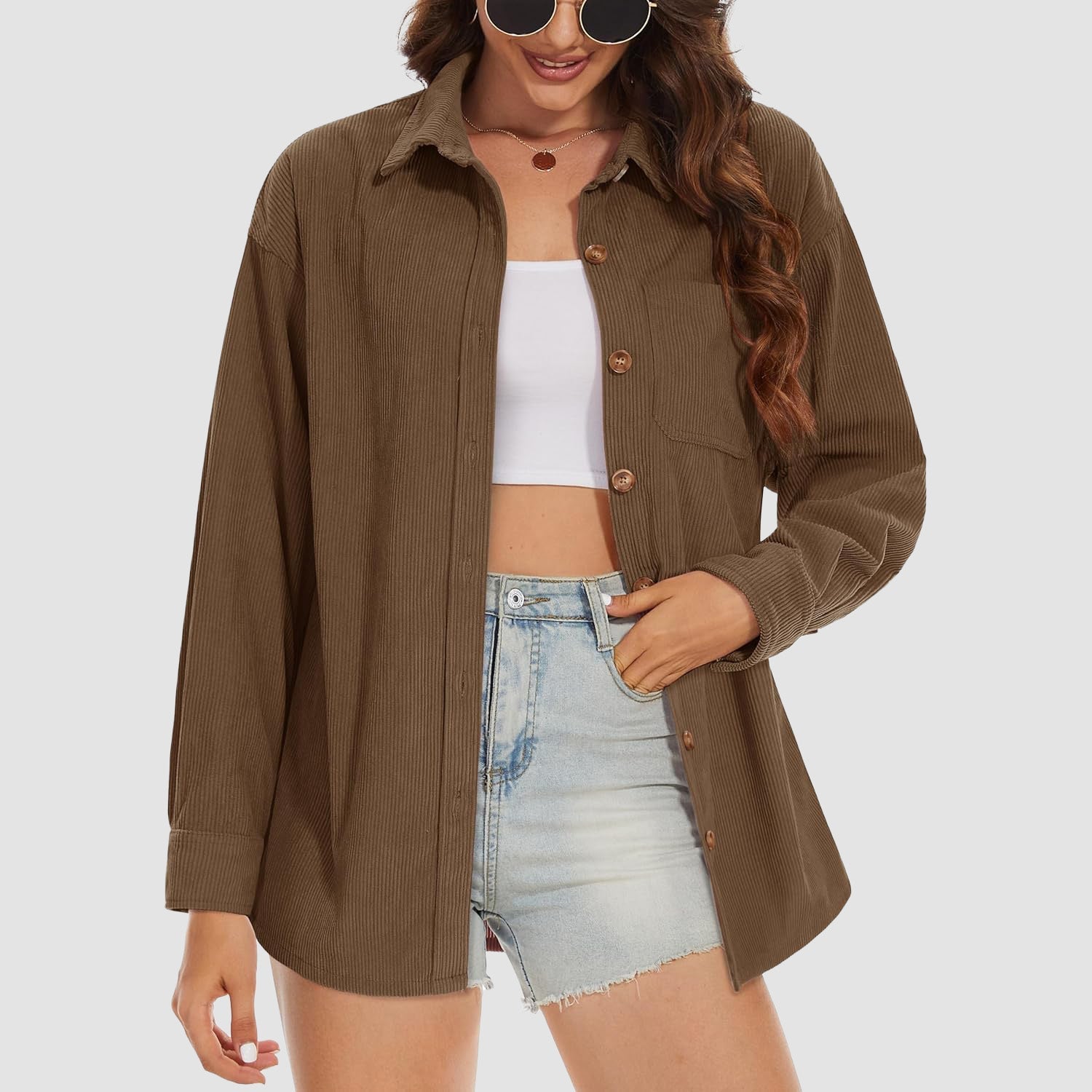 Women's Long Sleeve Corduroy Shirt with Pocket