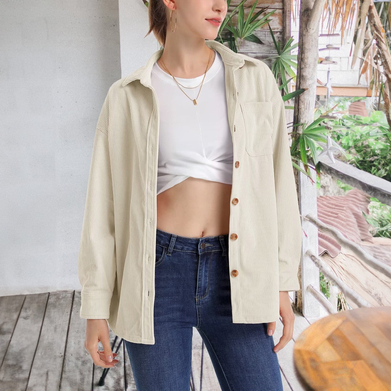 Women's Long Sleeve Corduroy Shirt with Pocket