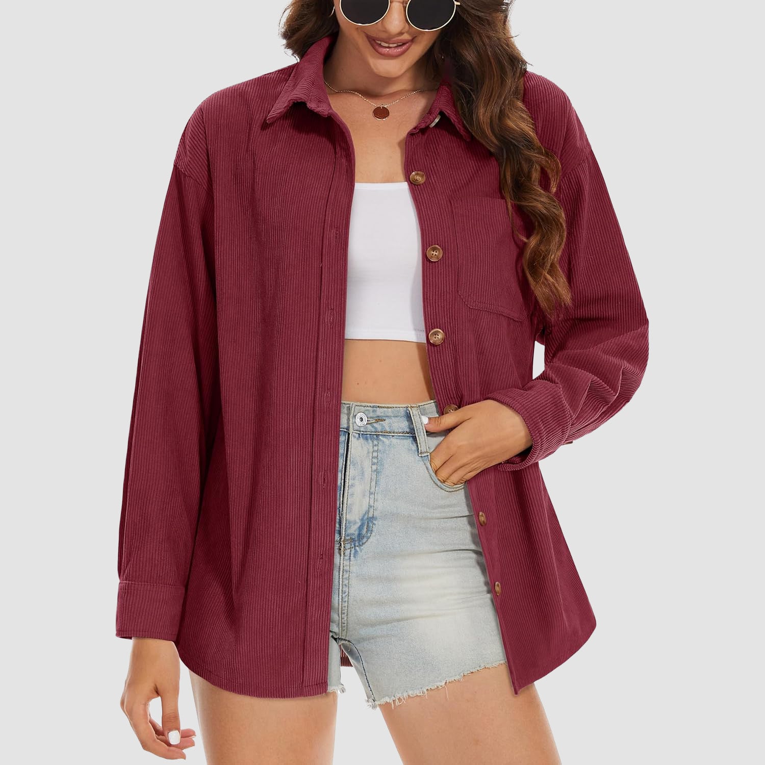 Women's Long Sleeve Corduroy Shirt with Pocket