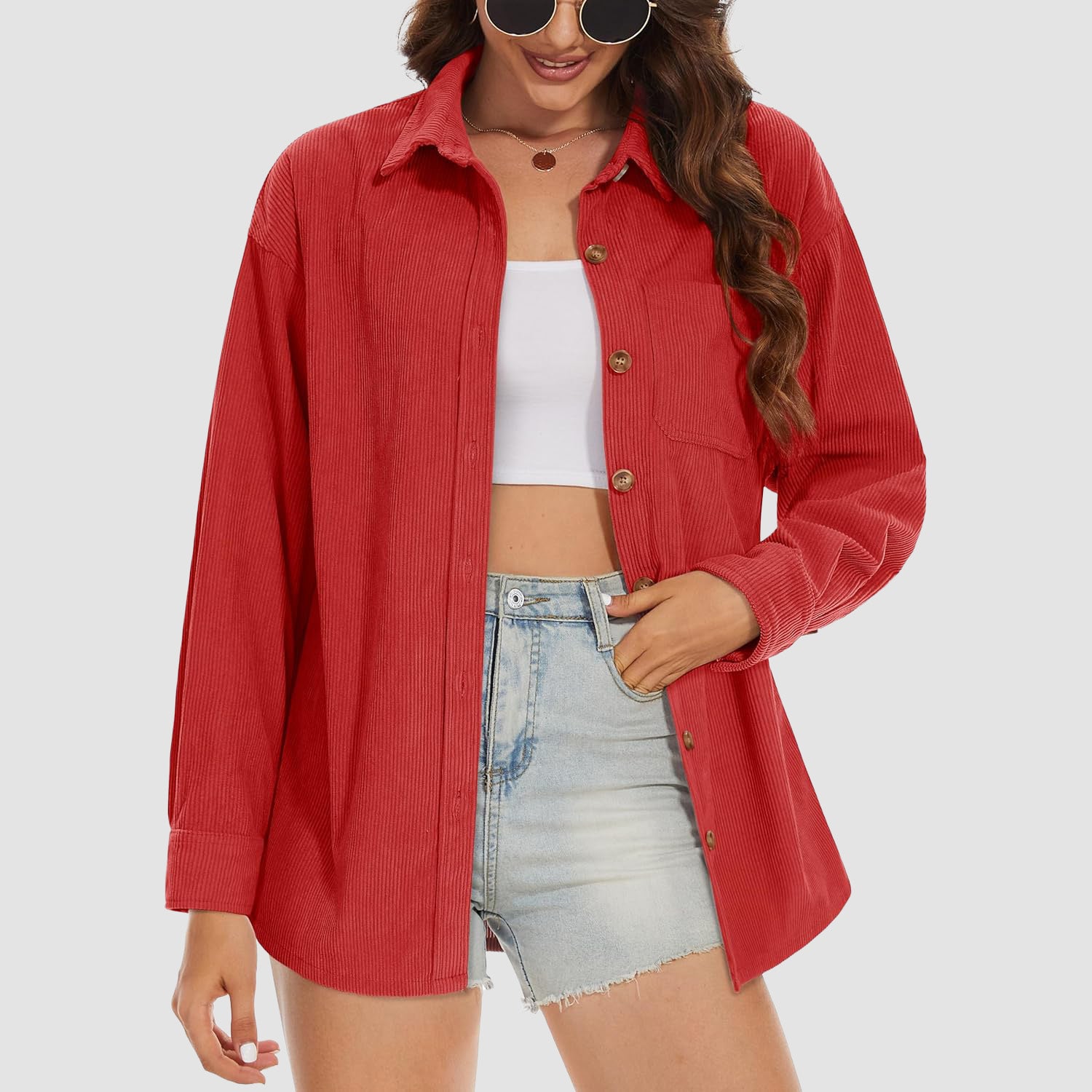 Women's Long Sleeve Corduroy Shirt with Pocket