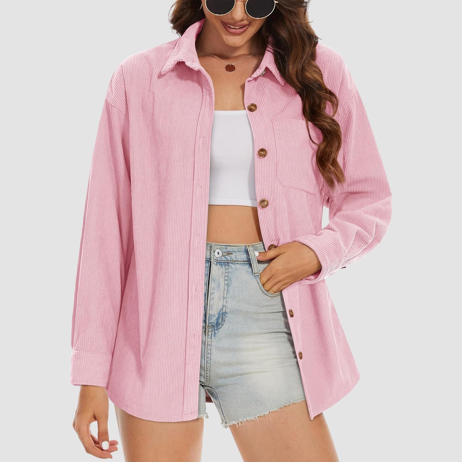 Women's Long Sleeve Corduroy Shirt with Pocket