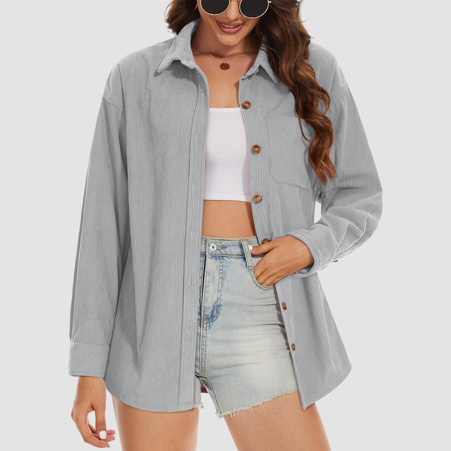 Women's Long Sleeve Corduroy Shirt with Pocket