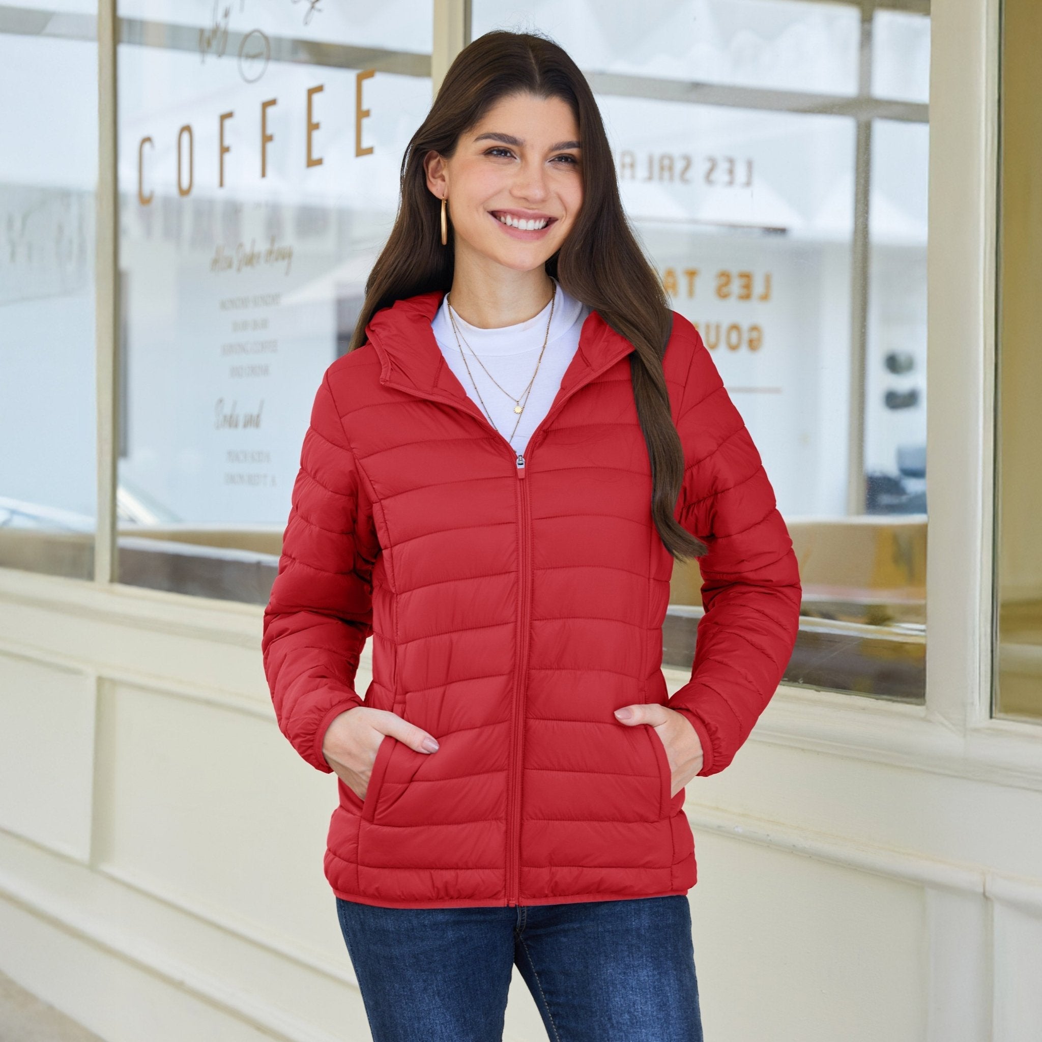 Women's Hooded Lightweight Puffer Jacket Full Zip Winter Coat
