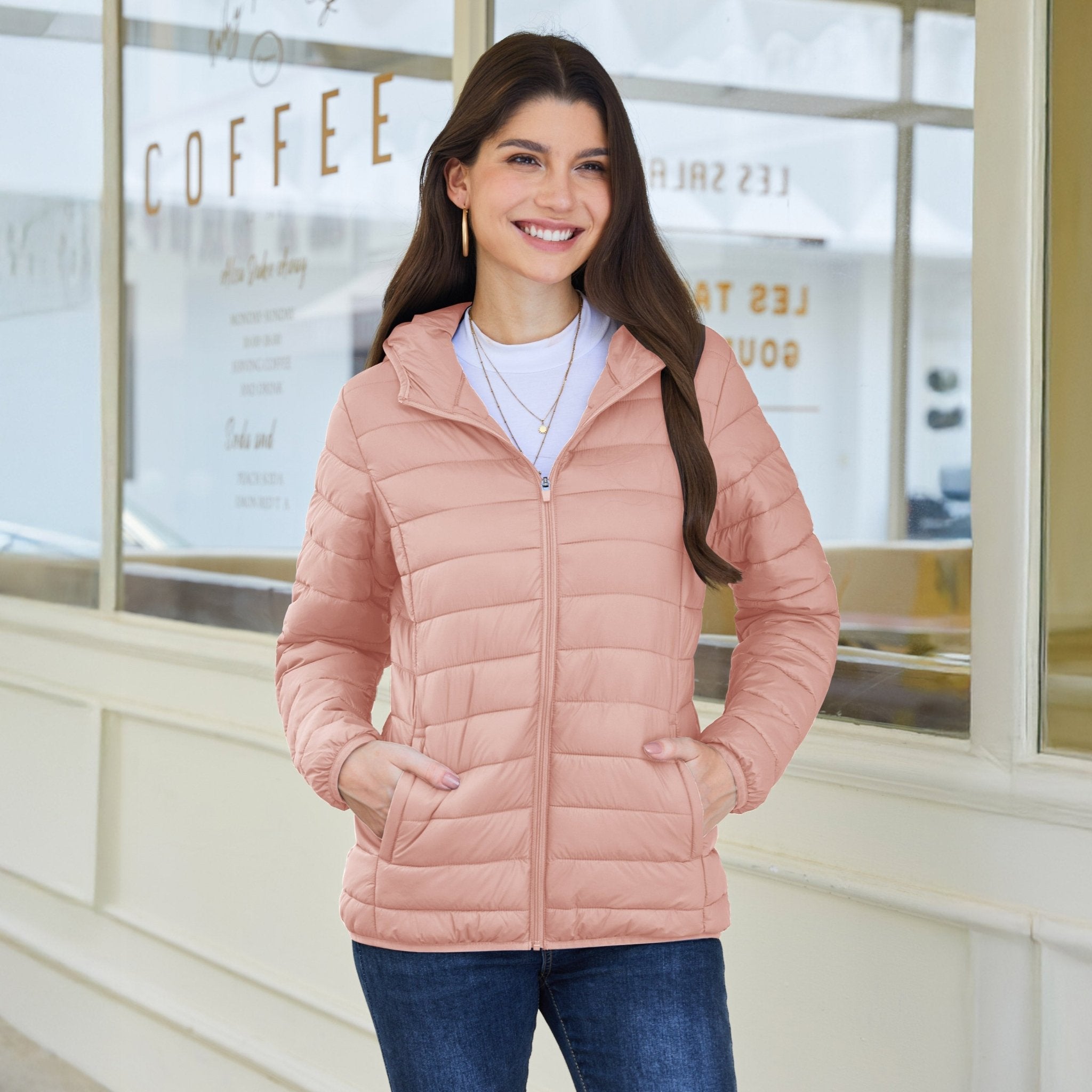 Women's Hooded Lightweight Puffer Jacket Full Zip Winter Coat