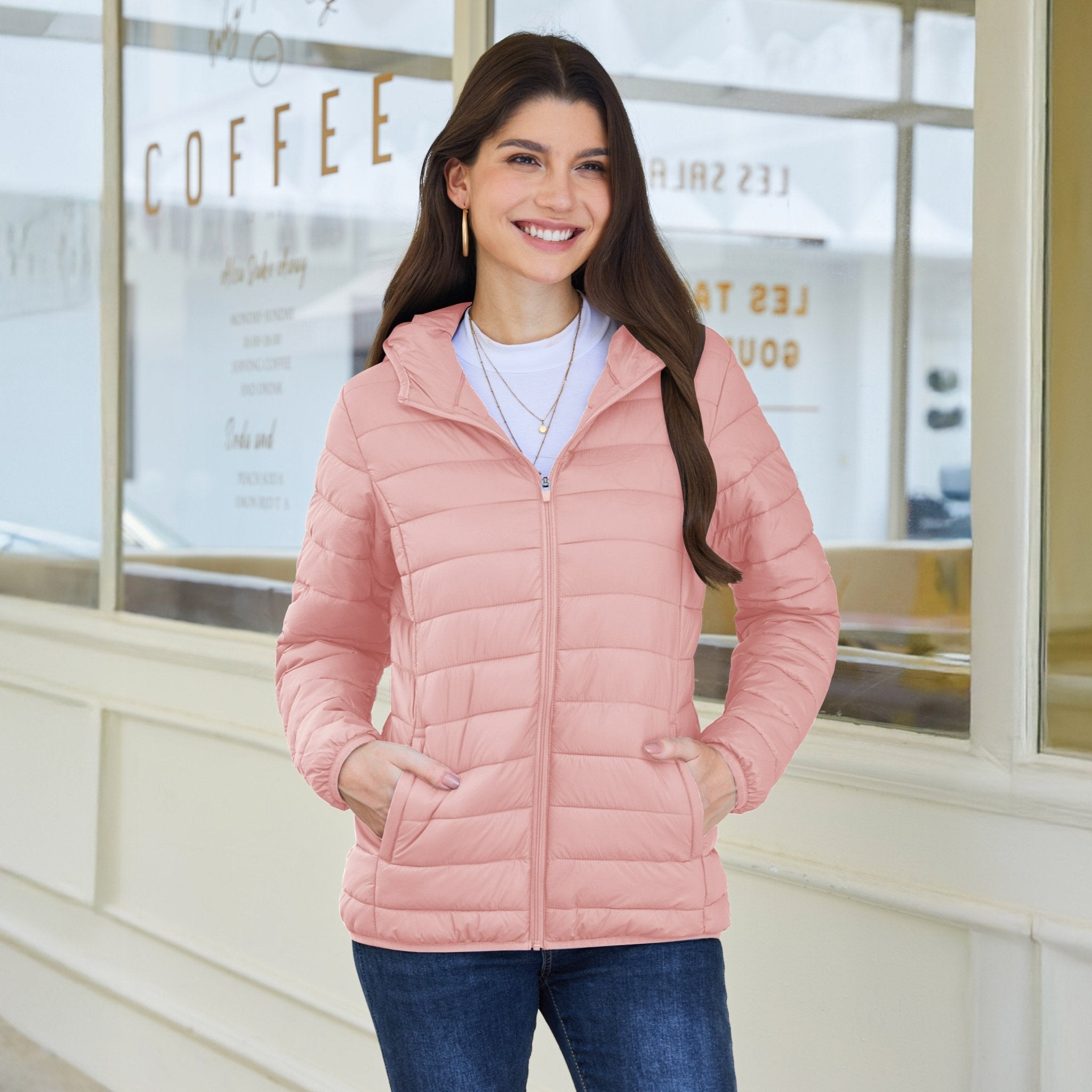 Women's Hooded Lightweight Puffer Jacket Full Zip Winter Coat