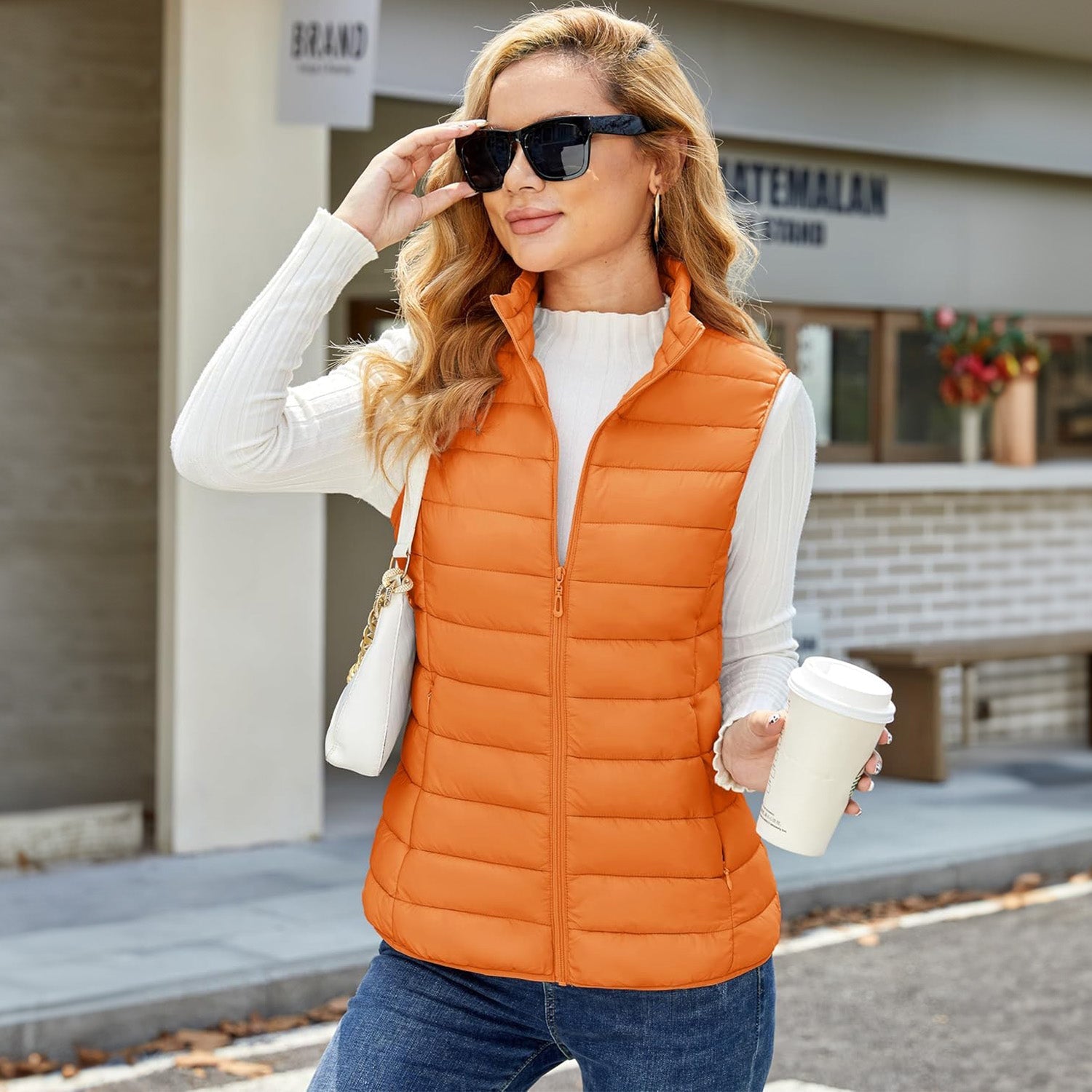 Women's Lightweight Puffer Vest with 4 Pockets & Stand Collar