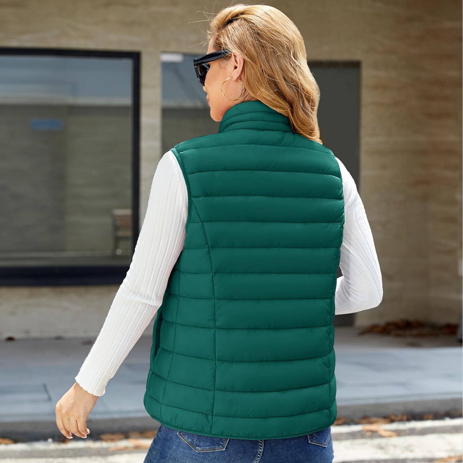 Women's Lightweight Puffer Vest with 4 Pockets & Stand Collar