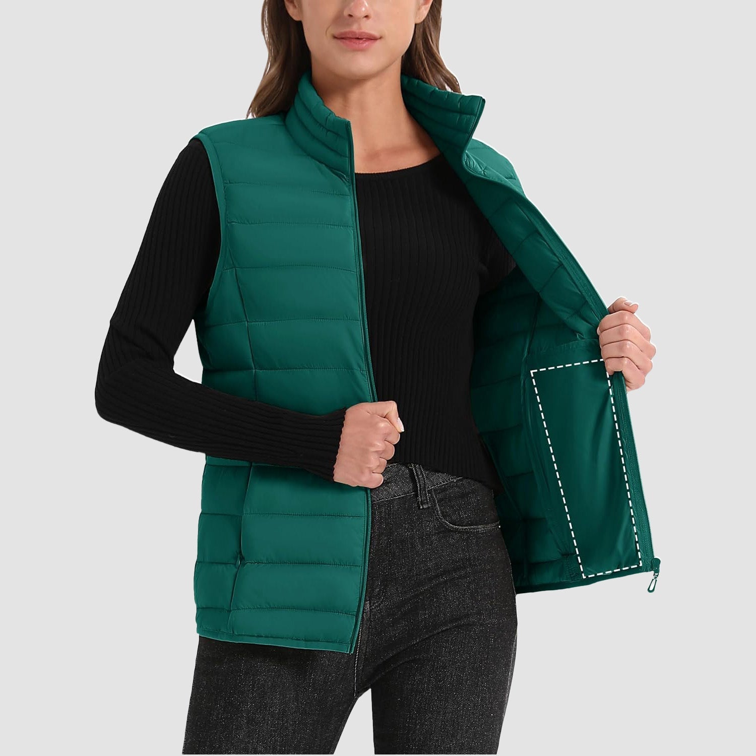 Women's Lightweight Puffer Vest with 4 Pockets & Stand Collar