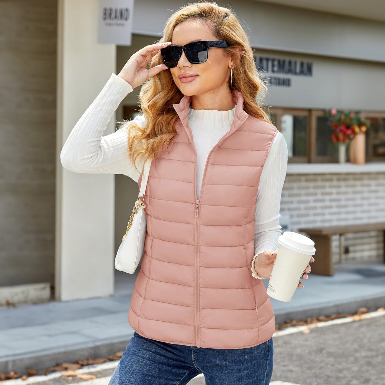 Women's Lightweight Puffer Vest with 4 Pockets & Stand Collar