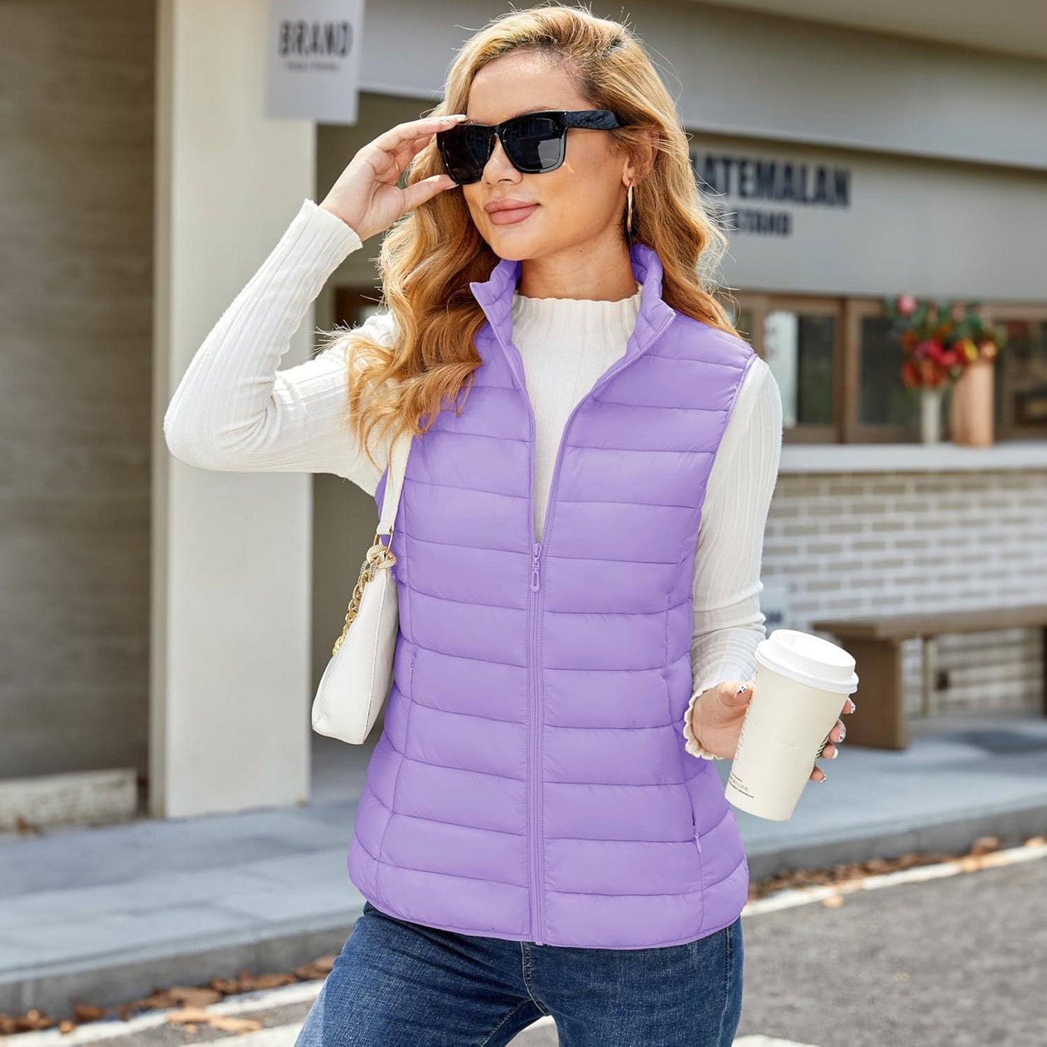 Women's Lightweight Puffer Vest with 4 Pockets & Stand Collar