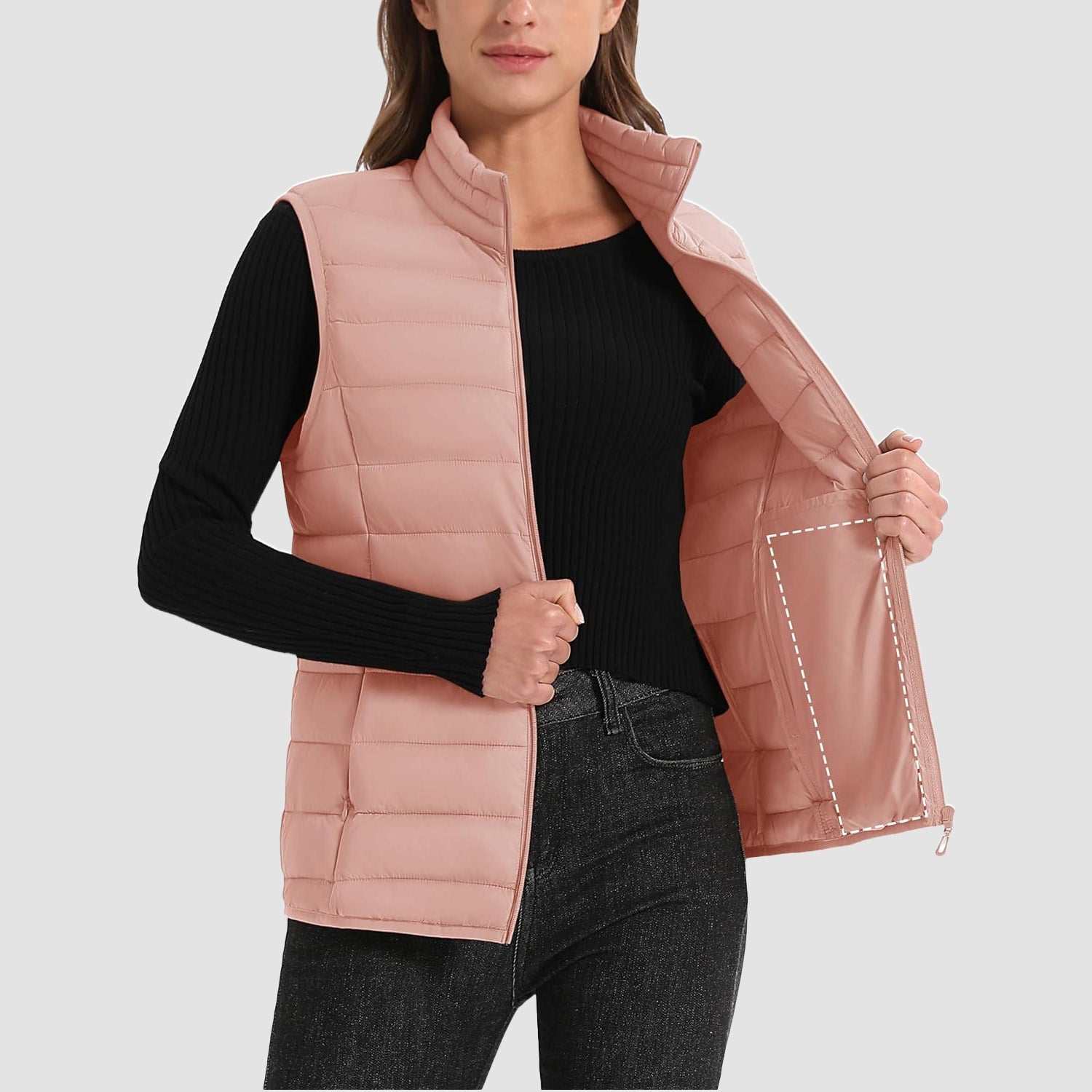 Women's Lightweight Puffer Vest with 4 Pockets & Stand Collar