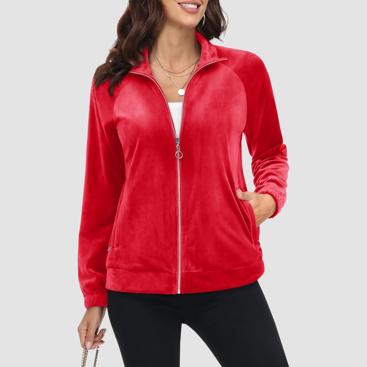Women's Velour Fleece Jacket - Full Zip & Zipper Pockets